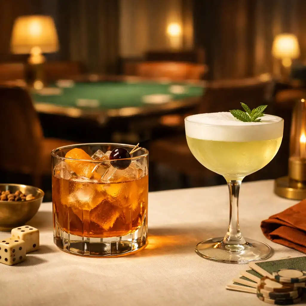 Two crafted cocktails on a dining table with card room details softly blurred behind.