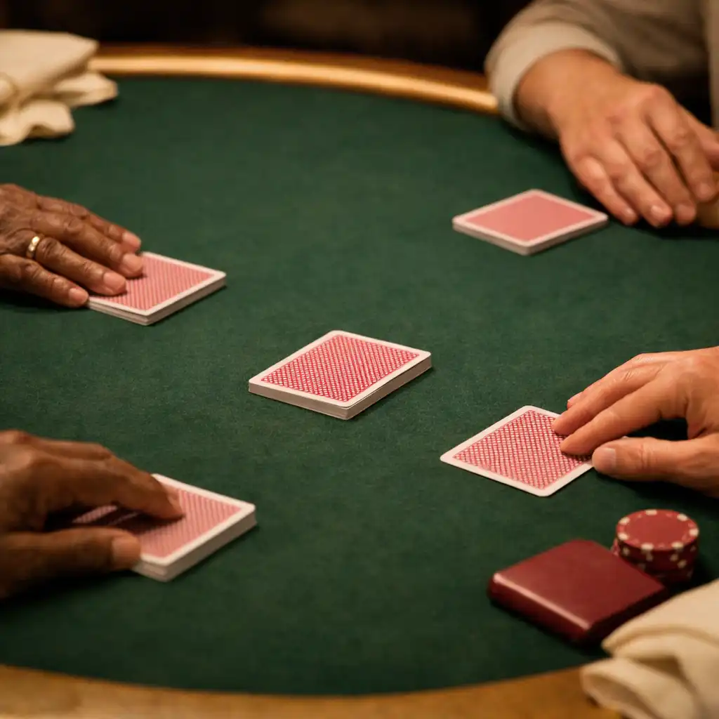Adult hands resting near face-down cards on deep green felt in Dealand Hearth's card room