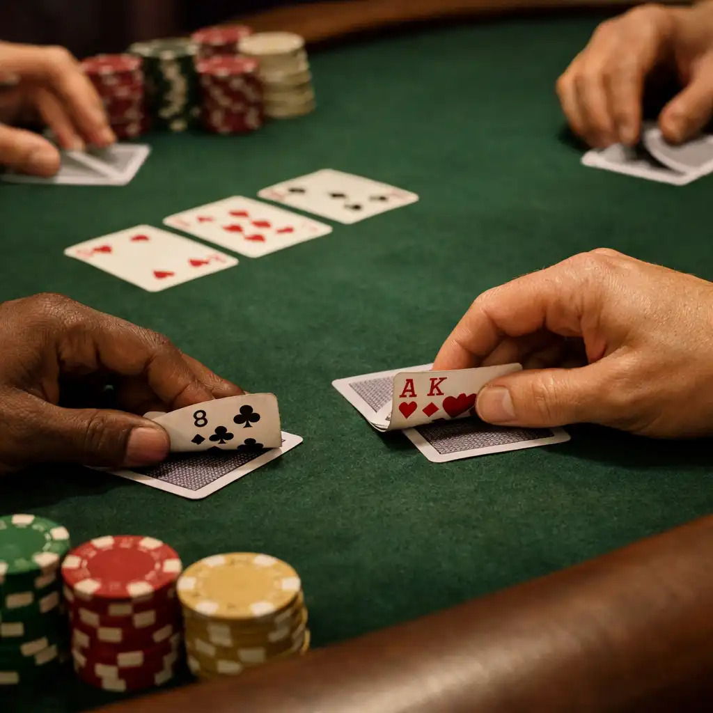 Hands placing cards beside organised chips on a forest-green felt poker table.