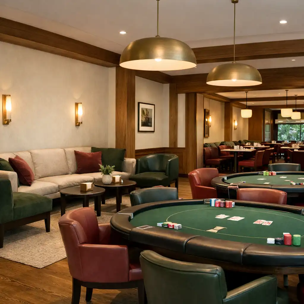 Contemporary card room interior with green felt tables, lounge seating and restaurant seating in the background.
