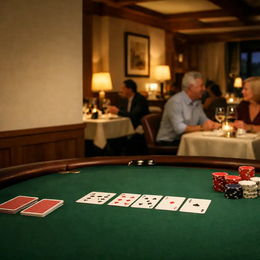 Warmly lit card room with a green felt poker table and restaurant dining tables beyond.