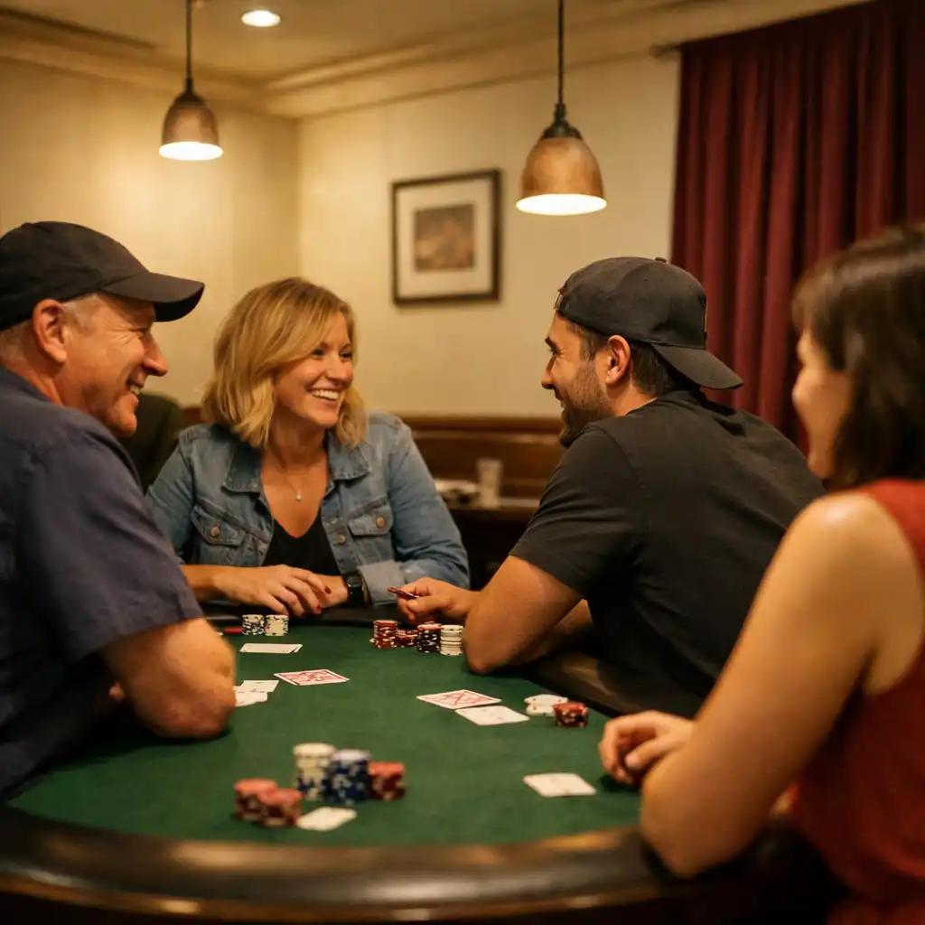 Small group sharing conversation around a refined poker table.