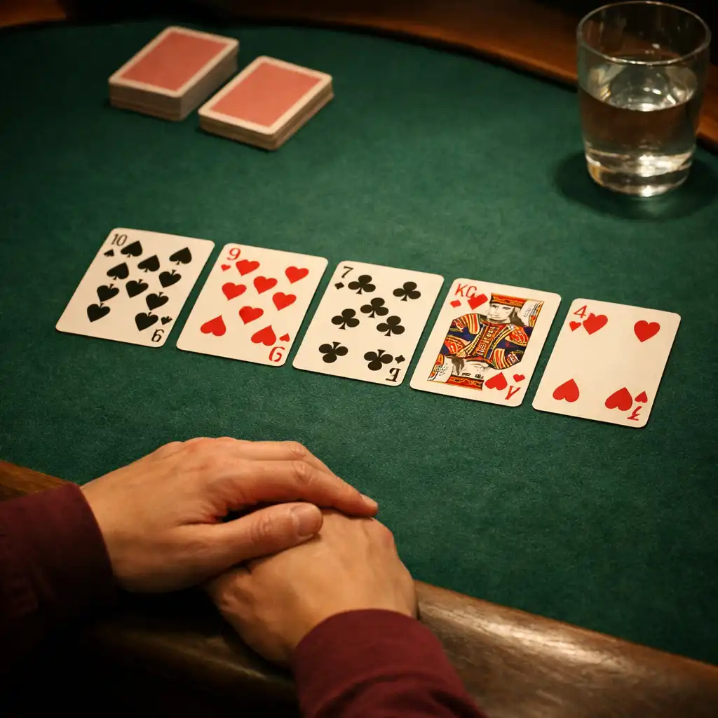 Hands resting at the edge of a green felt table with standard playing cards and a water glass nearby.