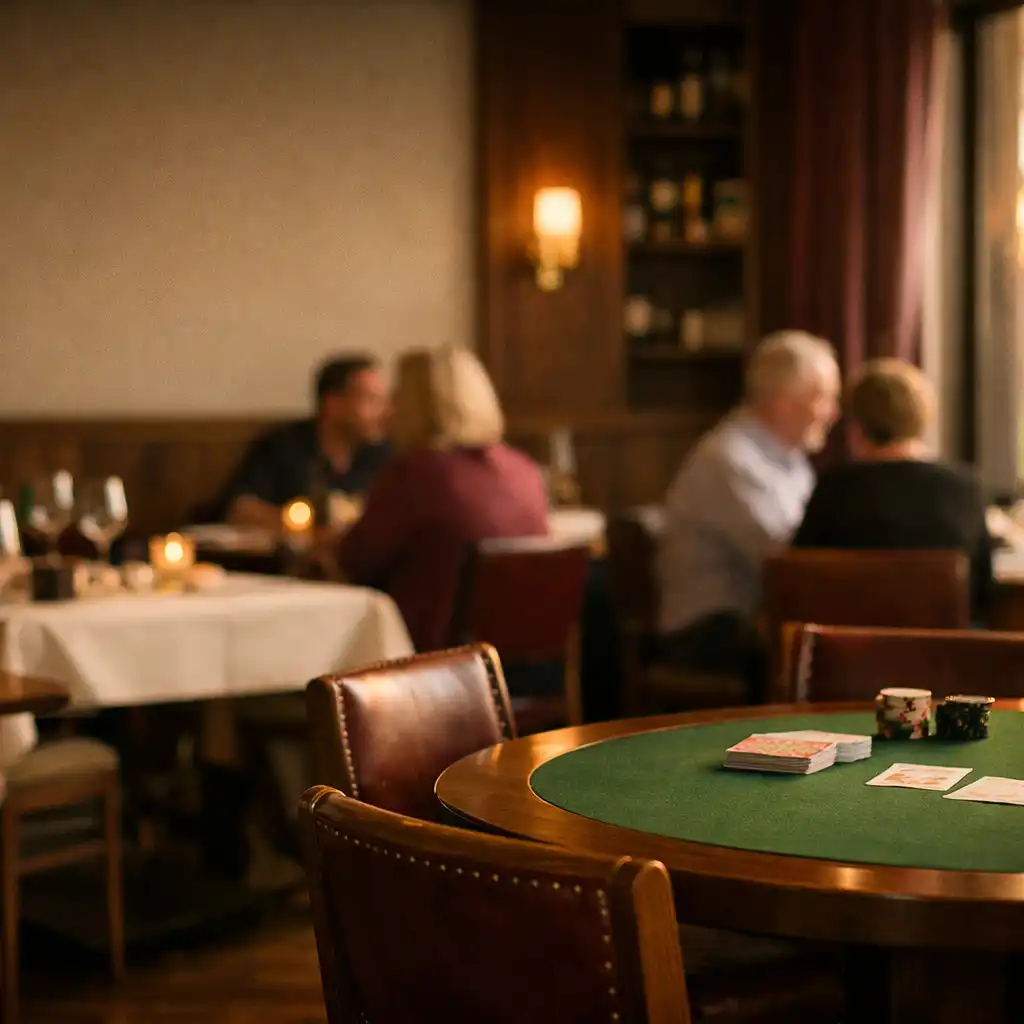 Warm contemporary restaurant interior with timber tables and a prepared felt card table.