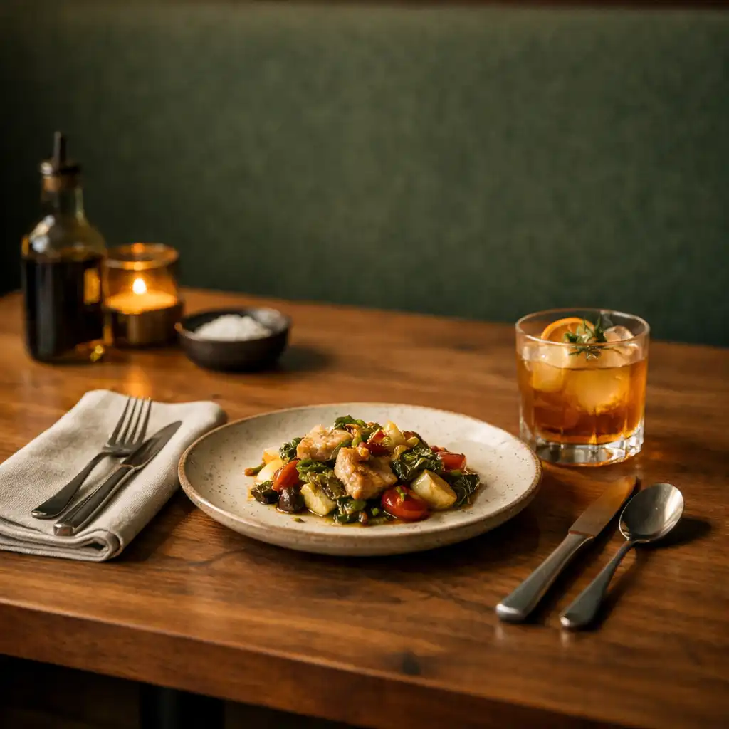 A warmly set timber restaurant table with a composed plate, linen, cutlery and crafted drink.