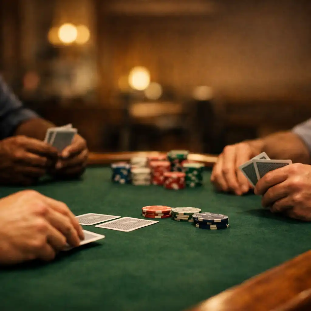 Hands holding and dealing cards above deep forest felt at a live poker table.