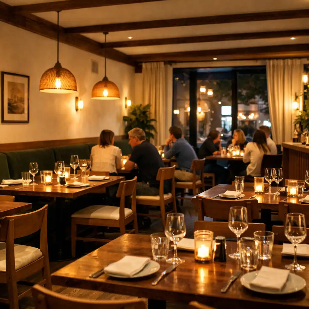 Warm contemporary restaurant dining room with set tables, timber details and a relaxed evening atmosphere.