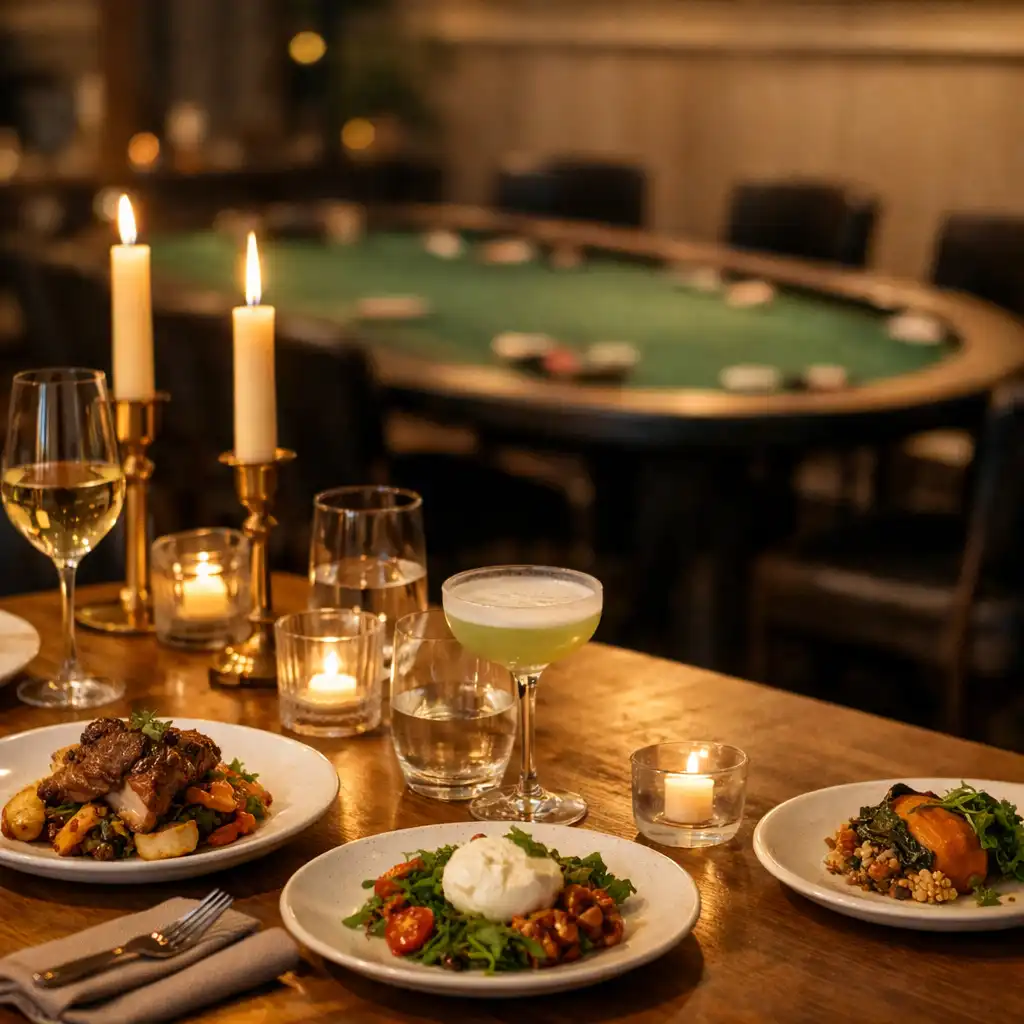 Candlelit restaurant table with plated food and cocktails, with a softly blurred poker table beyond