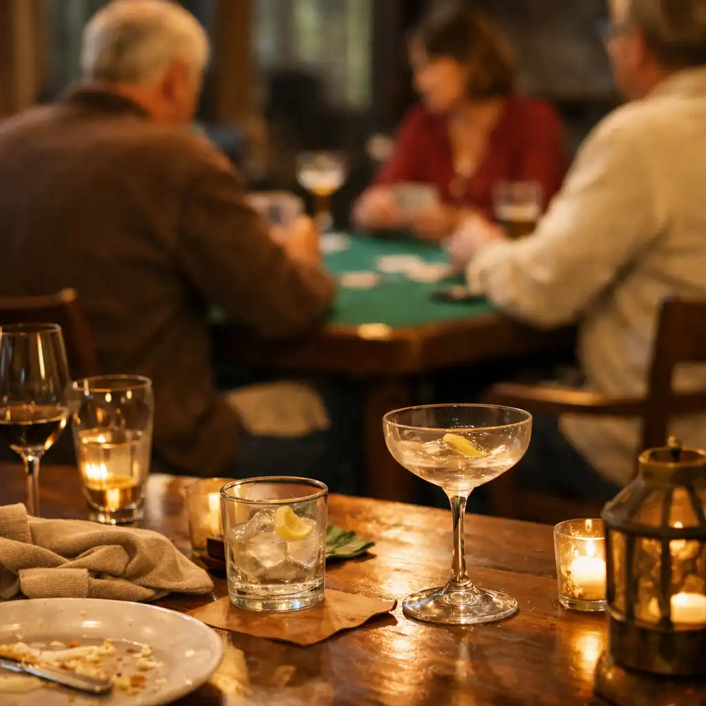 Finished dining table with cocktail glassware in the foreground and a softly blurred green felt table in the background.
