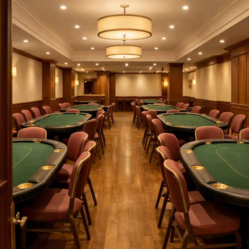 Quiet card room with felt-topped poker tables, chairs and warm overhead lighting before guests arrive.