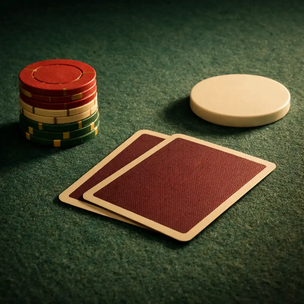 Orderly poker chips and two face-down cards resting on a textured forest-green felt table.
