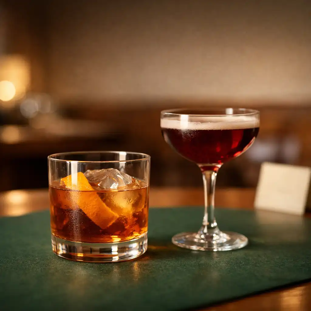 Two crafted drinks resting on a softly lit table with a forest-green felt detail behind them.