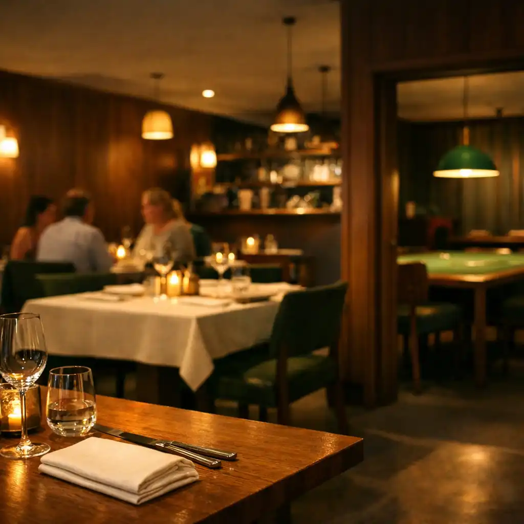Warmly lit restaurant tables with a felt-topped table visible deeper in the room.