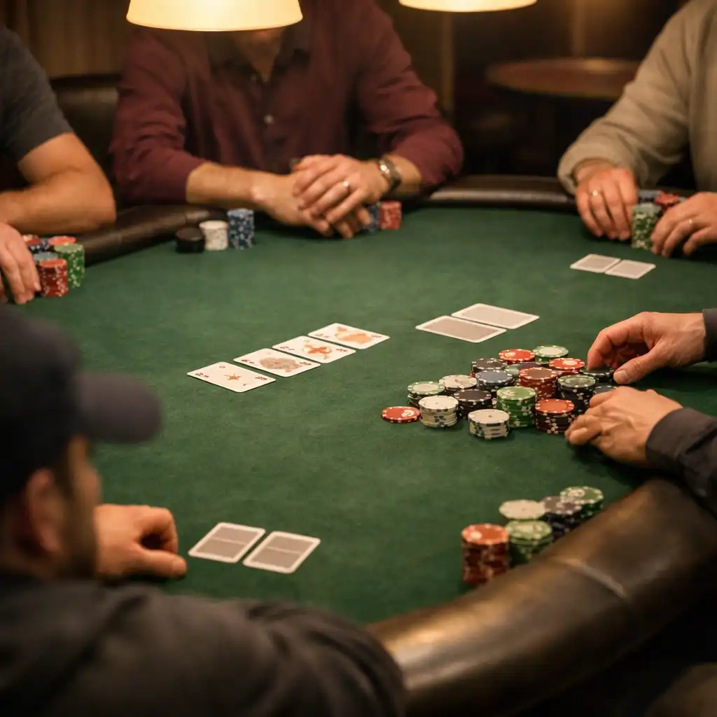 Forest-green felt poker table with cards, chips and seated people shown only from behind or below the shoulders.