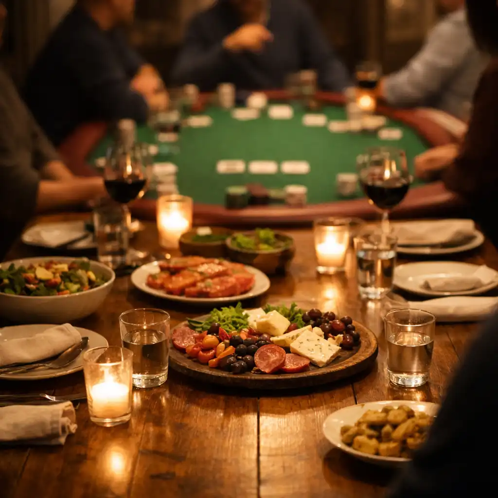 Long private gathering table set with shared plates and glasses, with a felt poker table visible beyond.