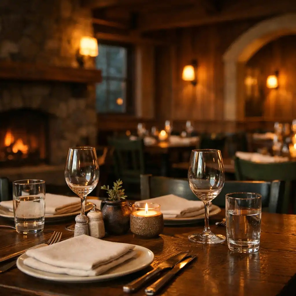 Prepared dining table with glassware, timber finishes and forest-green chairs in the restaurant.