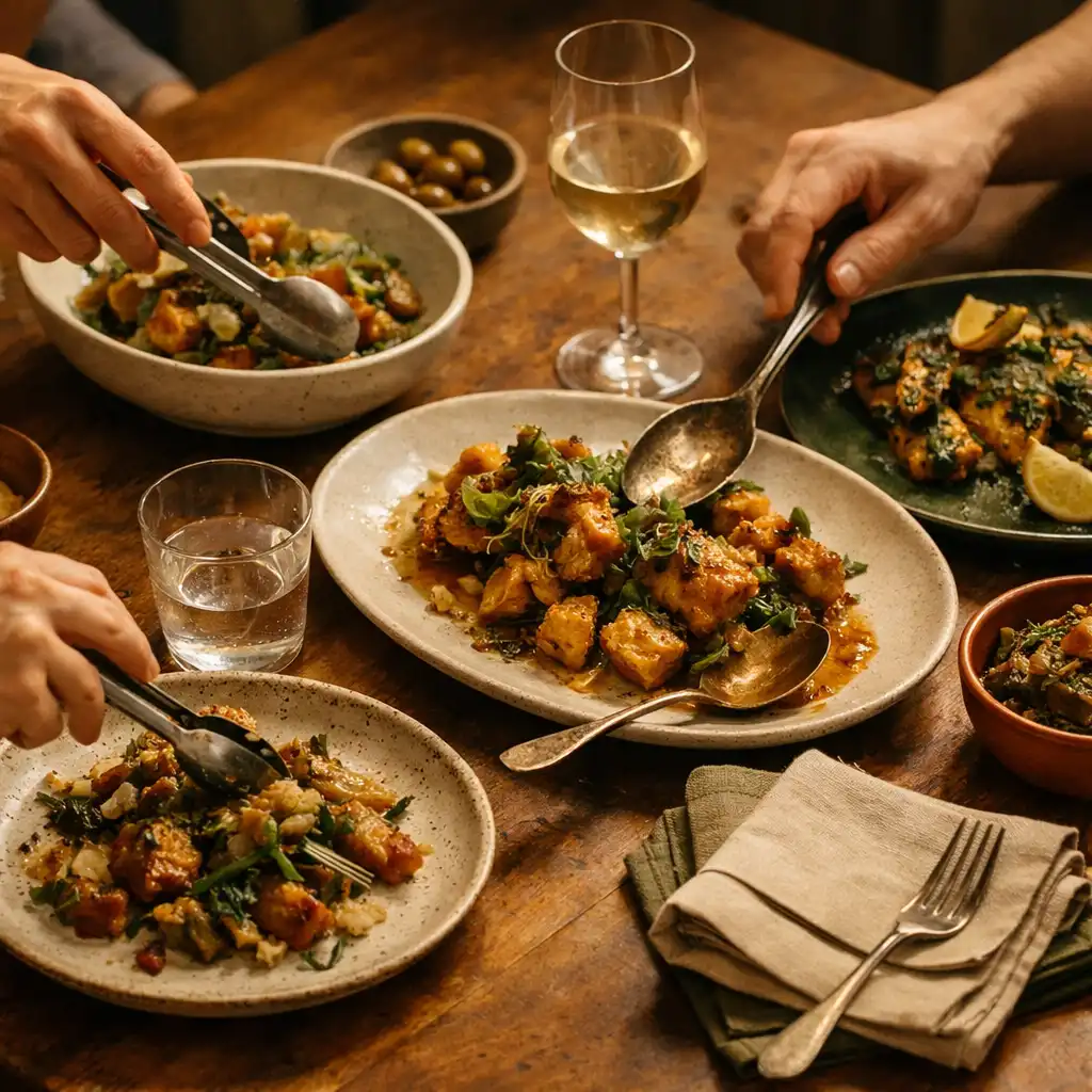 Shared plates arranged on a warm table as anonymous hands reach in from the edges.