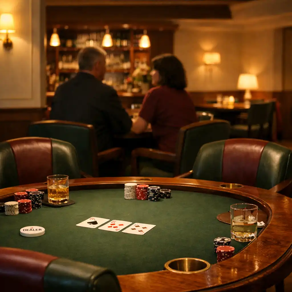 Warm contemporary card room with a forest felt table and guests in conversation