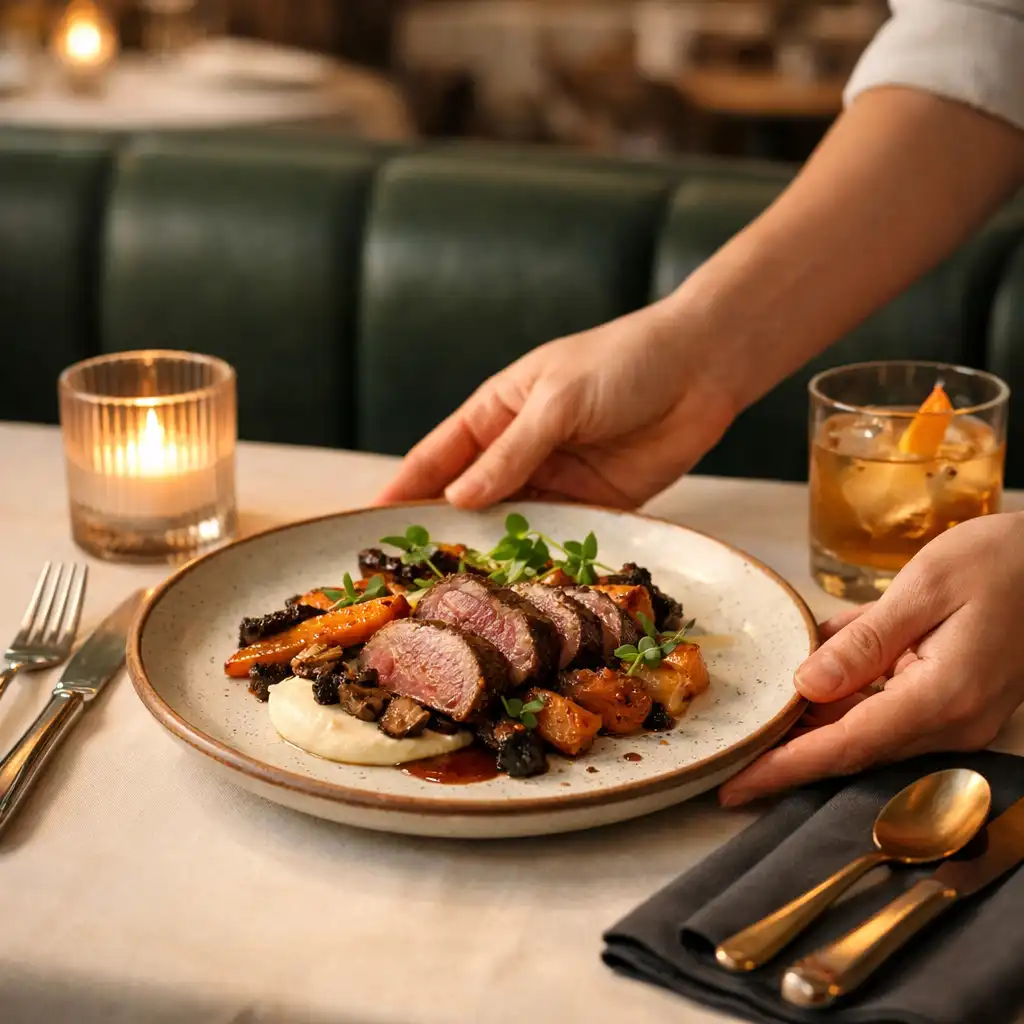 Server placing a composed plate on a warmly set restaurant table