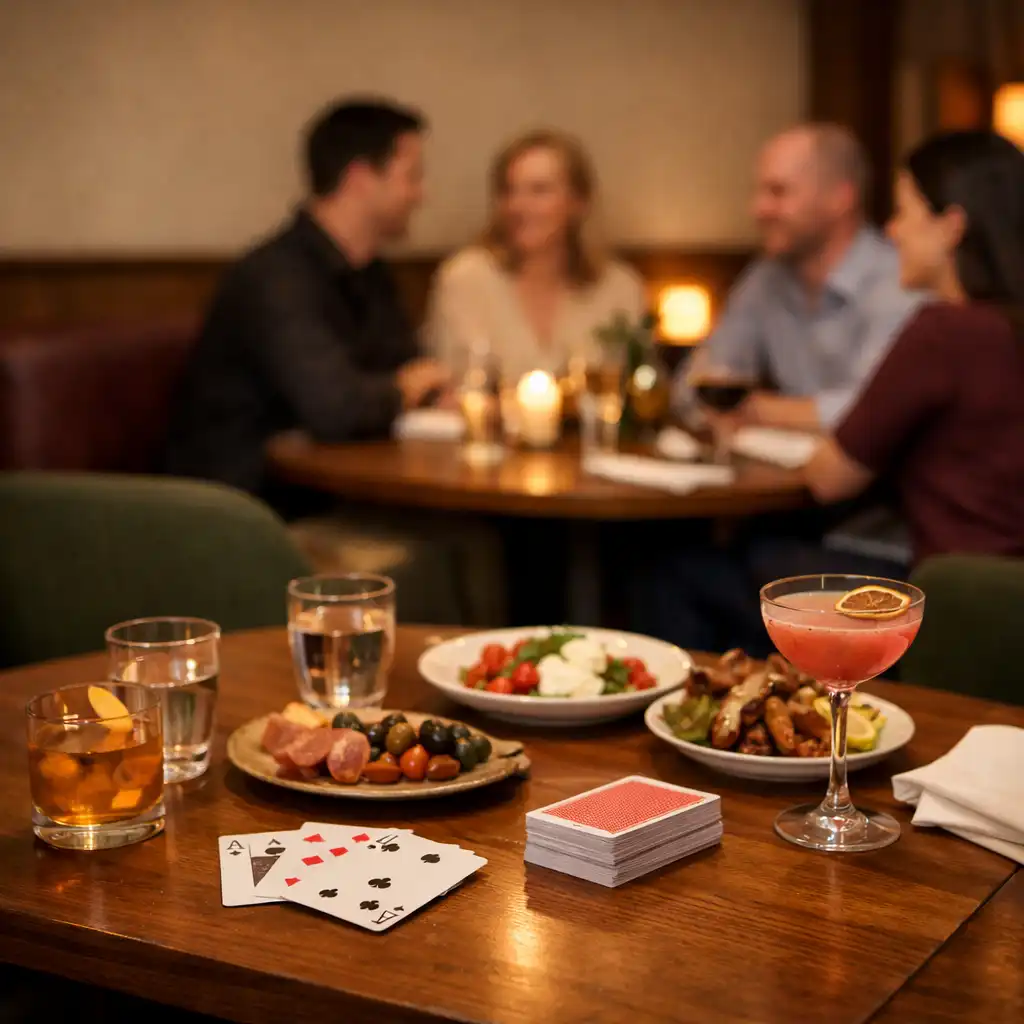 Warmly set dining table with playing cards and drinks in Dealand Hearth's card room