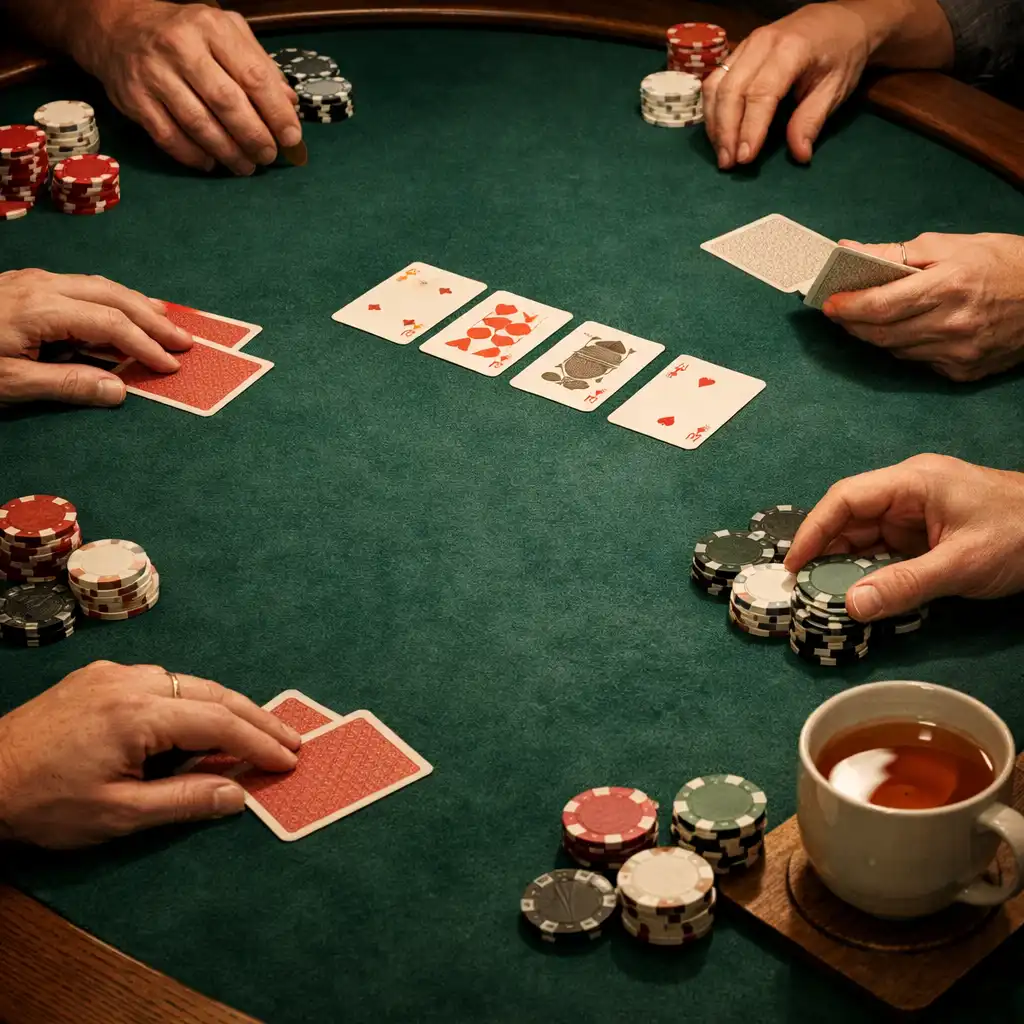 Hands, chips and face-down cards on a deep forest felt poker table
