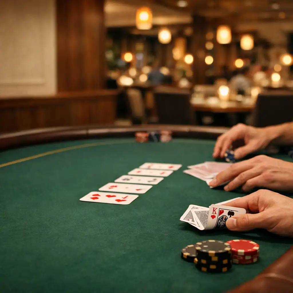 Hands arranging cards on a forest-green felt poker table in Dealand Hearth's warmly lit card room