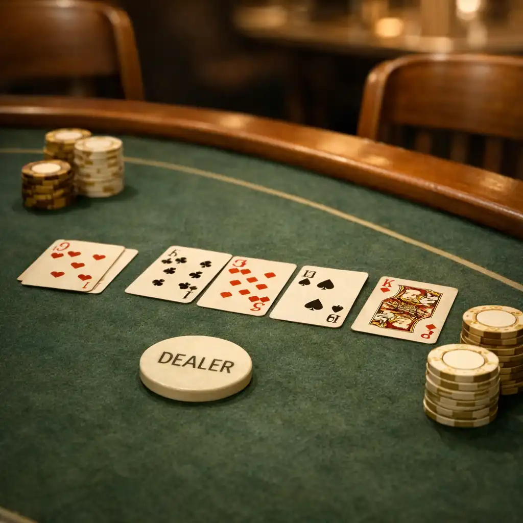 Playing cards and modest chip stacks on a textured forest-green poker table
