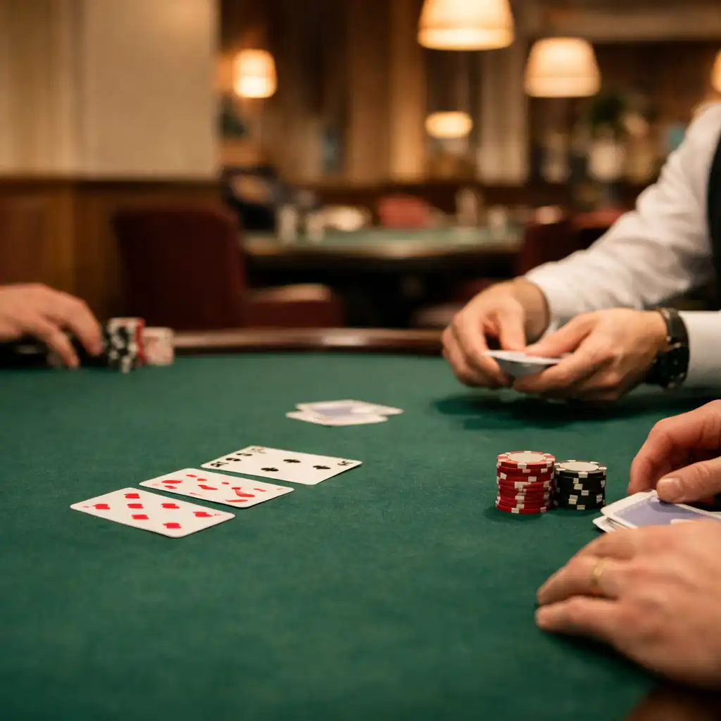 Dealer hands dealing cards across forest-green felt at a live poker table