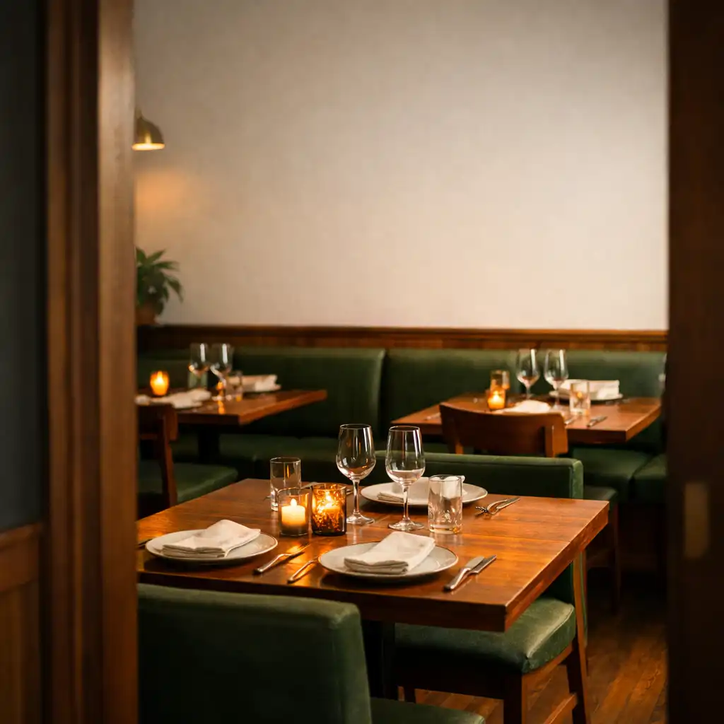 A quiet warmly lit dining room with set timber tables and forest-green seating