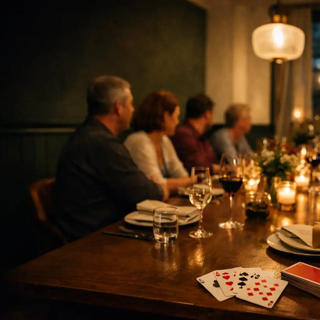 Guests gathered at a warmly set restaurant table with a subtle card-room detail