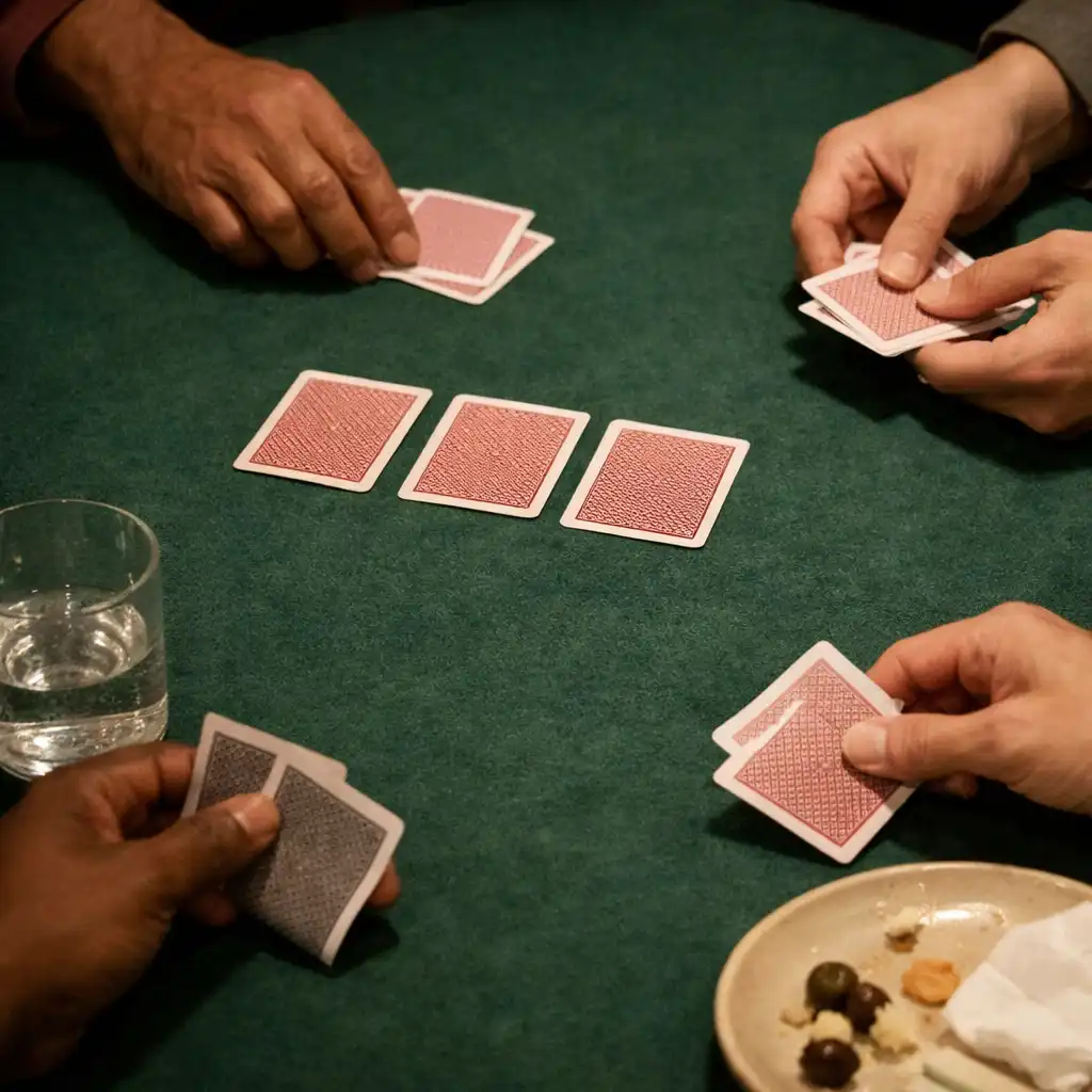 Adult hands dealing cards across forest felt beside a glass and shared plate