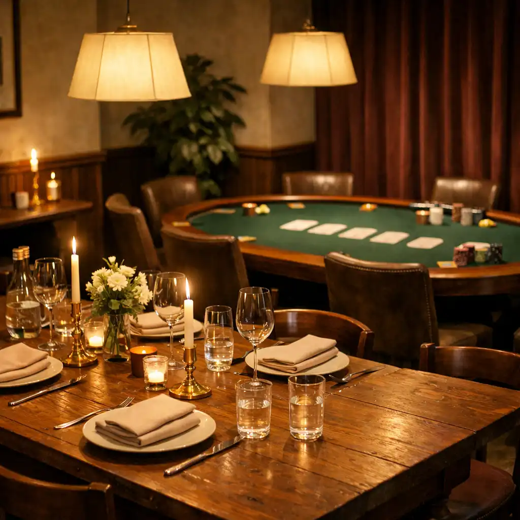Prepared private dinner table with a forest-felt poker table in the background
