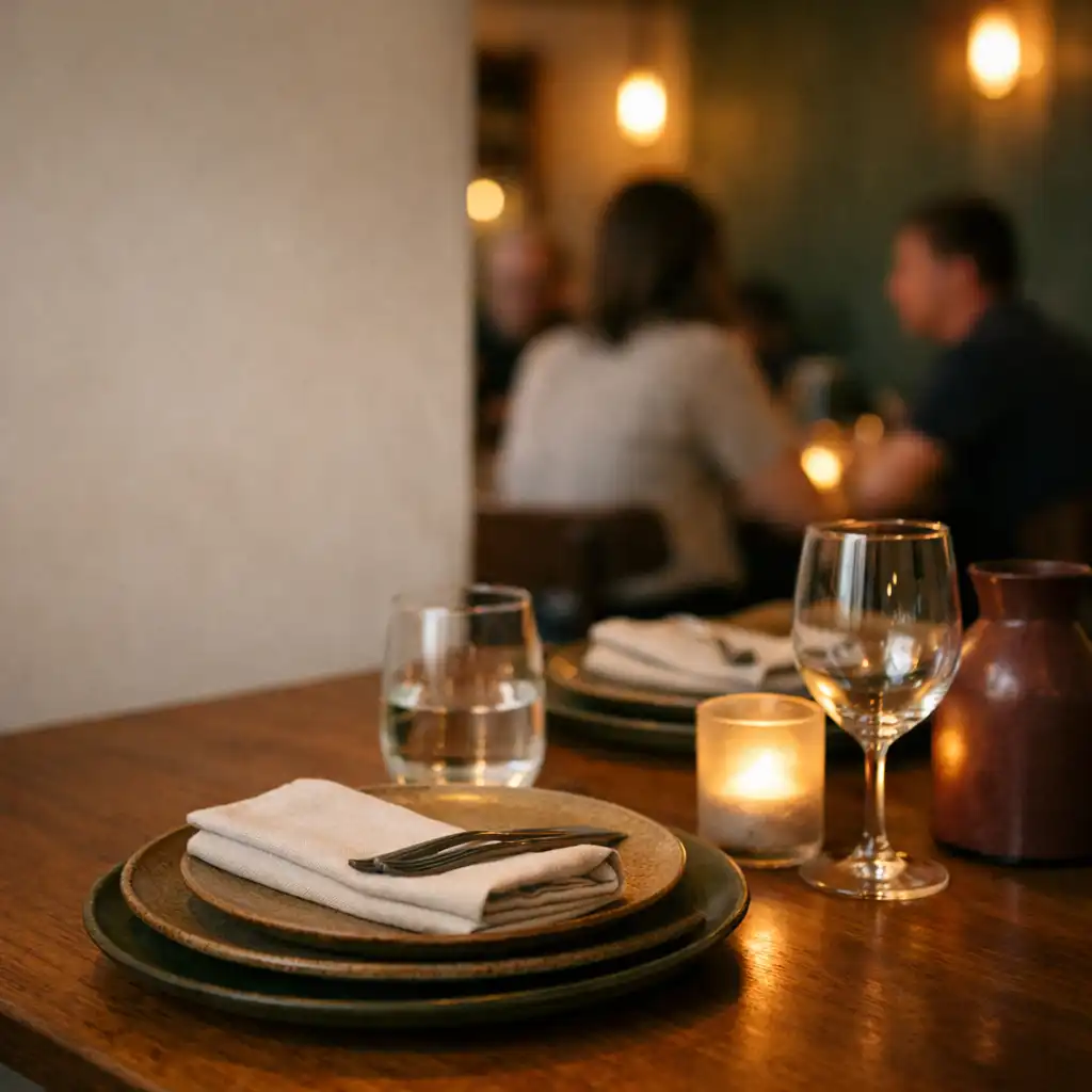 Warmly set restaurant table at Dealand Hearth with ceramic plates, linen and softly lit dining room beyond.