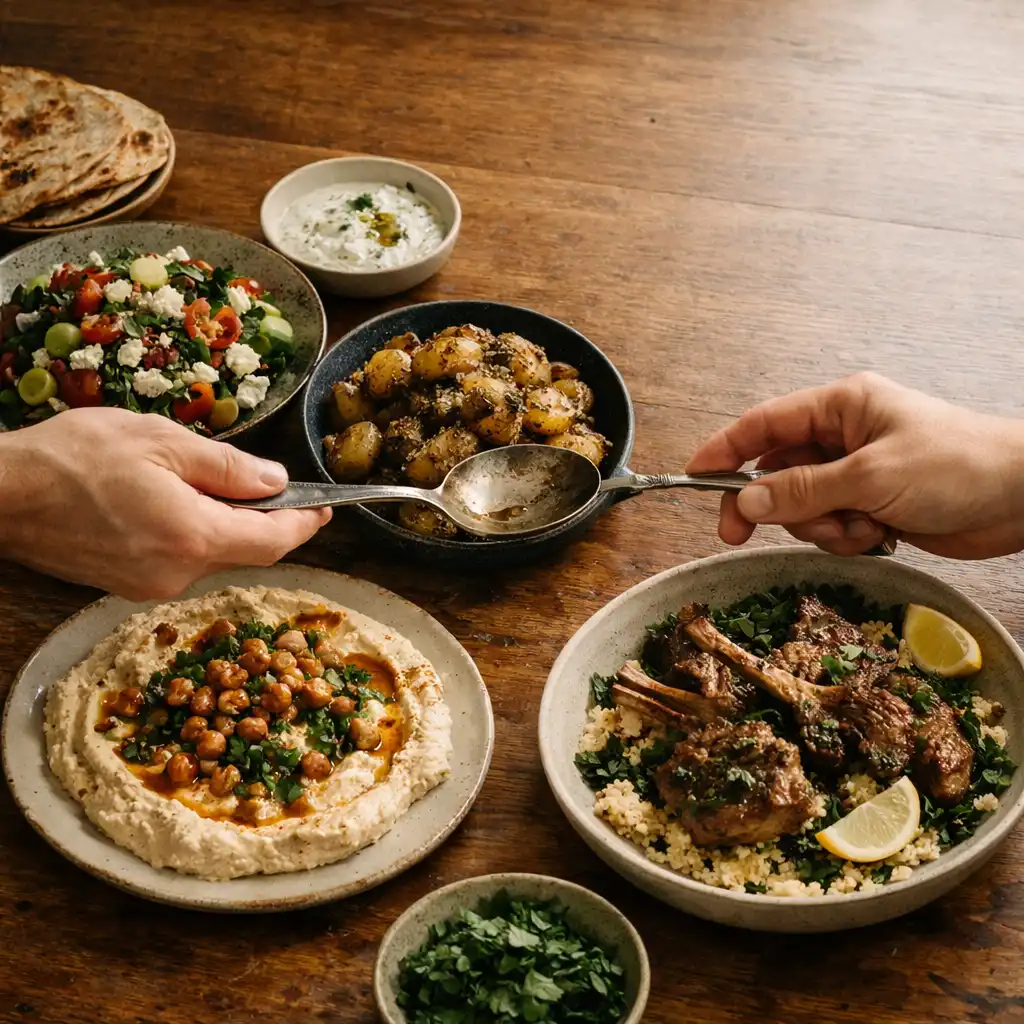Several shared plates arranged on a warm timber restaurant table, with a serving gesture at the edge of the frame.